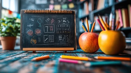 Classroom schedule, chalkboard, apples, pencils, school supplies, library background, learning