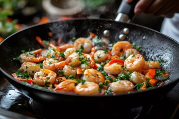 Chef stir-frying shrimps with vibrant vegetables, preparing savory, nutritious wok dish