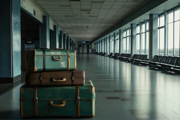 Stacked vintage suitcases resting in deserted airport terminal