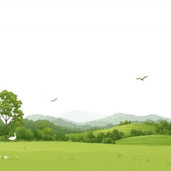 A serene landscape featuring rolling green hills, a lone tree, a graceful bird, and distant mountains under a clear blue sky, perfect for nature-themed projects.