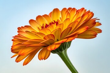 Fototapeta premium A vibrant orange gerbera blossom, its petals radiating summer beauty against a soft yellow floral backdrop