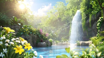 Naklejka premium Lush Tropical Waterfall Paradise with Vibrant Exotic Flowers and Cascading Blue Waters A Serene and Tranquil Nature Landscape Scene in a Secluded Jungle or Forest Setting