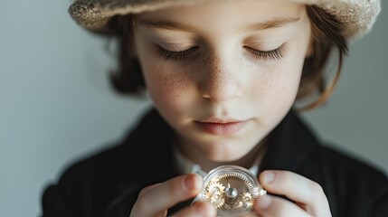 Boy dressed as a mechanical watchmaker, meticulously fine-tuning gears, classic dark wood backdrop, vintage lighting.