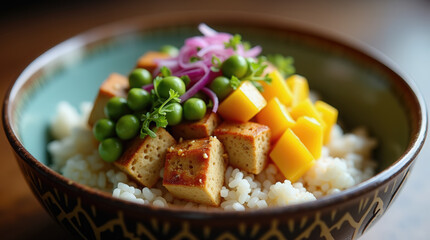 A bowl filled with rice features golden tofu cubes, green peas, mango, and purple onions. The dish is presented in an inviting, rustic restaurant ambiance, perfect for enjoying a nutritious meal