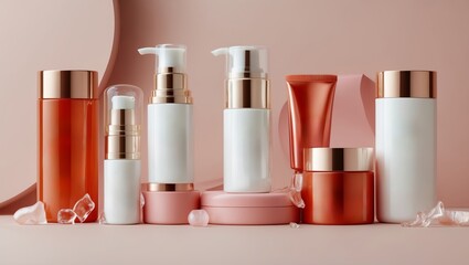 Elegant arrangement of skincare products on a soft pink background showcasing beauty and wellness