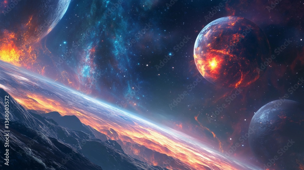 Wall mural a colorful space scene with a large red planet in the middle. the sky is filled with stars and the p