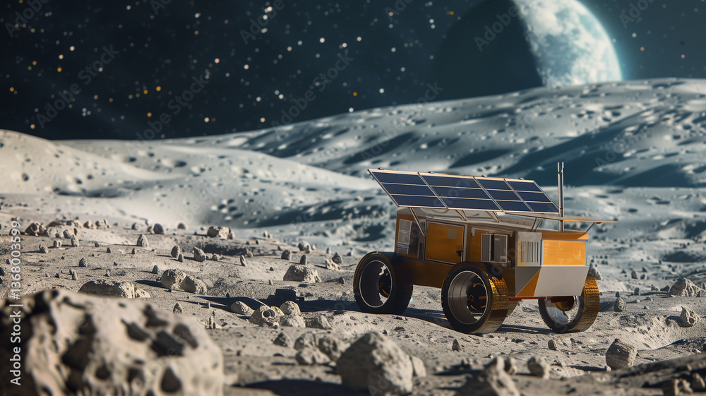 Fototapete this rover equipped with solar panels working on asteroid regolith extraction in a distant location.