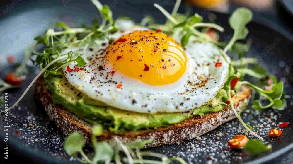 Poster An artistic shot of avocado toast with a perfectly fried egg on top, garnished with chili flakes and microgreens, highlighting a trendy brunch option.