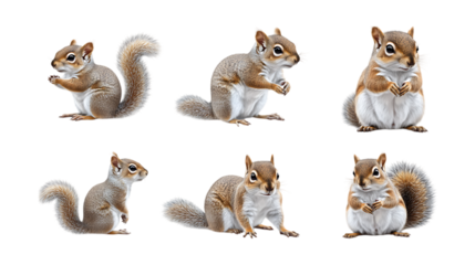 Pack Sniffy Squirrel set in Different Poses Against Transparent Background for Forest Illustrations, Wildlife Art, or Cute Animal Designs