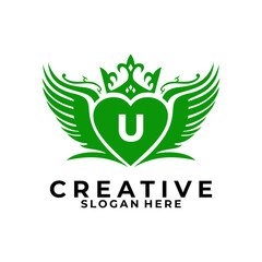 Initial Letter U with wing love and Crown logo design vector template. Vintage logo design vector