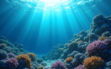 Sunlight illuminating colorful coral reef in a deep blue ocean