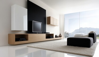 Modern Living Room Interior Design Light Wood Media Console Flat Screen TV and Plush Chaise Lounge with Mountain View