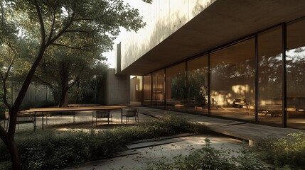 A large house with a patio and a tree in the background. The patio has a table and chairs, and the house has a lot of windows