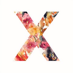 Floral Letter X Watercolor Design for Invitations and Branding. A vibrant watercolor illustration of the letter X, intricately designed with a pattern of colorful flowers.