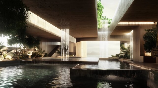 A large indoor pool with a waterfall and a few trees. The pool is surrounded by a stone wall and has a stone floor. The waterfall is located in the middle of the pool