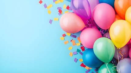 Colorful balloons with confetti against a blue background create a festive atmosphere. pride month concept