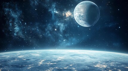 A large moon is in the sky above a blue planet. The sky is filled with stars and the planet is surrounded by a dark blue space