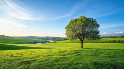 Tranquil Landscape with a Single Tree and Rolling Hills Under a Clear Blue Sky