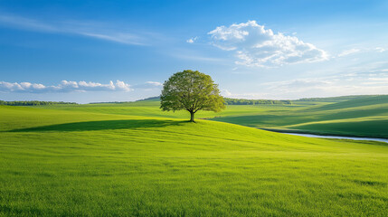 Tranquil Landscape with a Single Tree and Rolling Hills Under a Clear Blue Sky