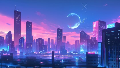 Fototapeta premium A futuristic cityscape with illuminated buildings under a colorful sky