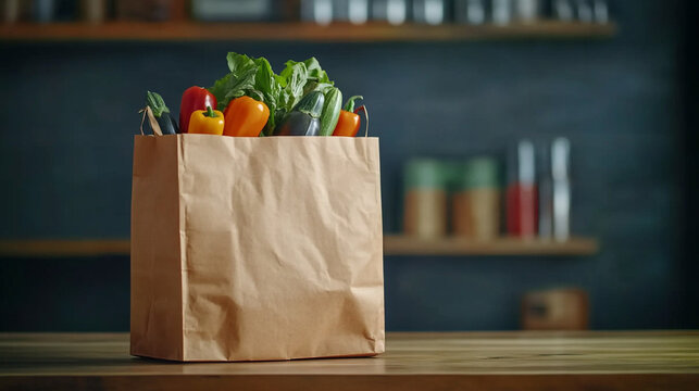 A brown paper bag filled with colorful vegetables sitting on a wooden surface in a kitchen area
