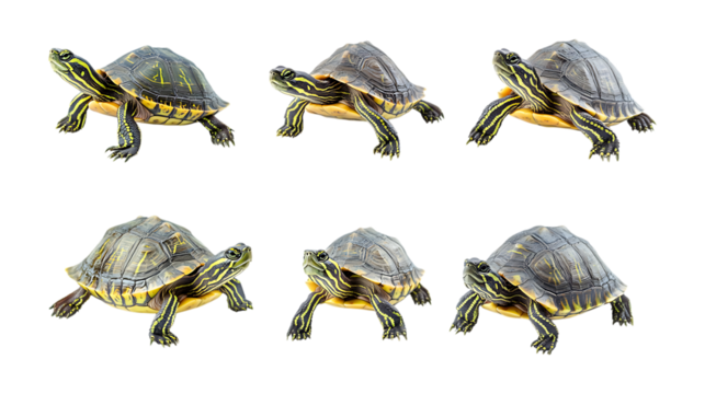Pack Tippy Turtle set in Different Poses Against Transparent Background for Reptile Illustrations, Ocean Art, or Nature-Themed Designs