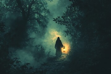 A shadowy figure holding a lantern, leading the way through a dark forest filled with ancient trees and eerie whispers, with glowing eyes watching from the darkness