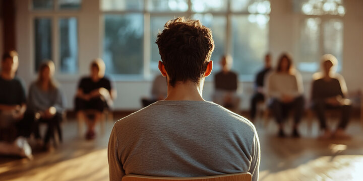 Rear view of person sitting among blurred group, sunlight illuminating scene, suggesting a therapy session or support group