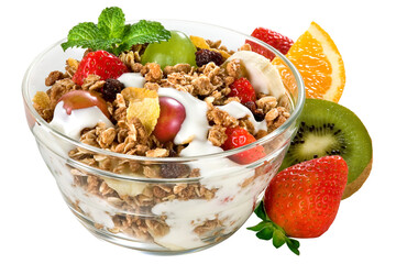 tigela com iogurte acompanhado de frutas e cereais isolado em fundo transparente