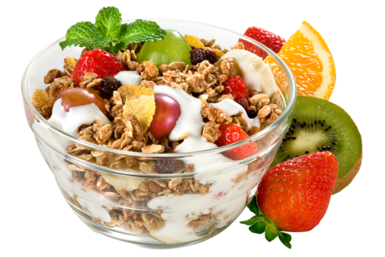 tigela com iogurte acompanhado de frutas e cereais isolado em fundo transparente