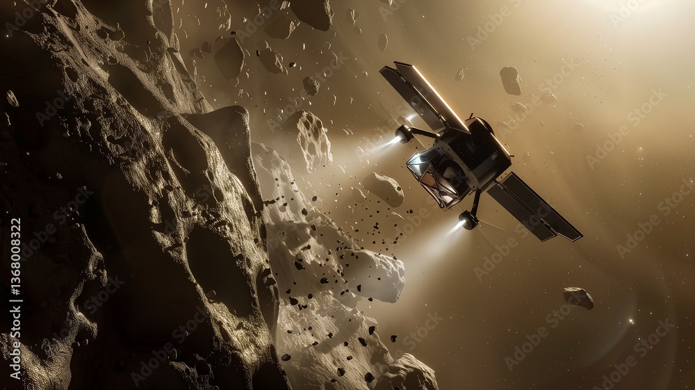 Poster This spacecraft equipped for asteroid excavation operates to collect regolith in space.