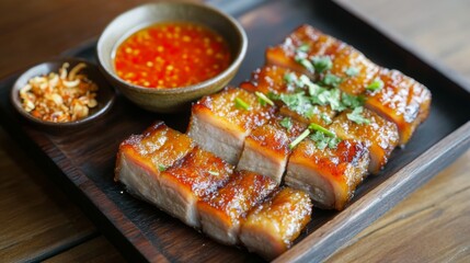 An artistic shot of crispy pork belly garnished with fried garlic and served with a side of tangy fish sauce, emphasizing the dish's rich flavors and appealing presentation.
