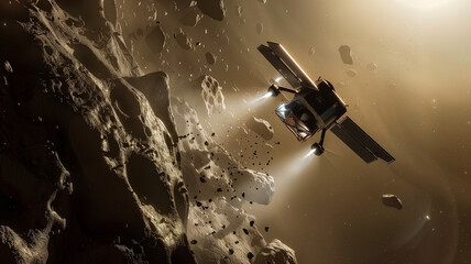 This spacecraft equipped for asteroid excavation operates to collect regolith in space.