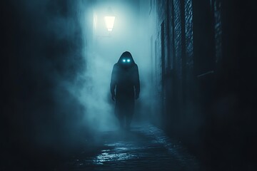 A shadowy figure with glowing eyes, standing in a dark alley under a flickering streetlight, with mist swirling around their feet
