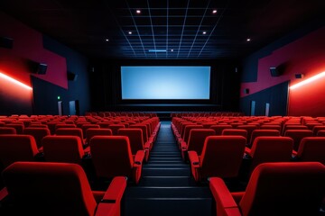 Empty cinema auditorium with red seats and big screen showing light blue background