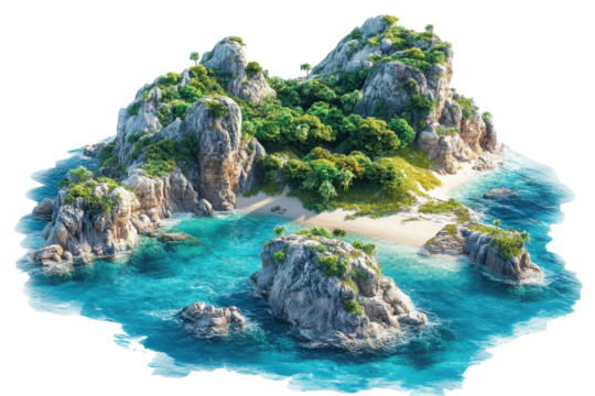 A secluded tropical island paradise, a hidden beach embraced by lush greenery and dramatic rock formations, bathed in vibrant sunlight.