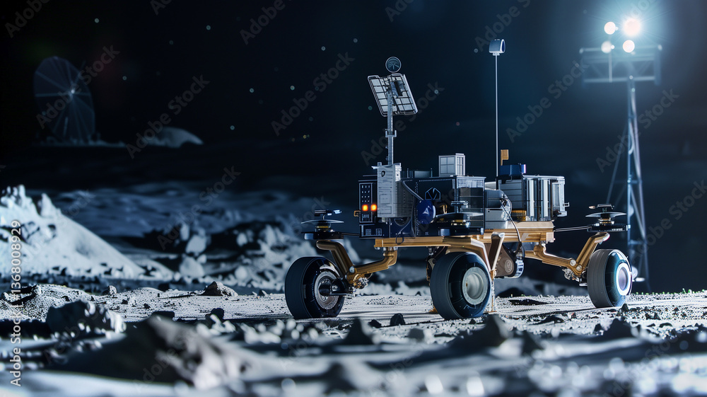 Poster this asteroid excavation rover works on the moon's surface, extracting valuable resources from regol
