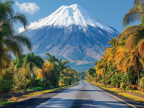 A tropical mountain looms over a scenic road with palm trees