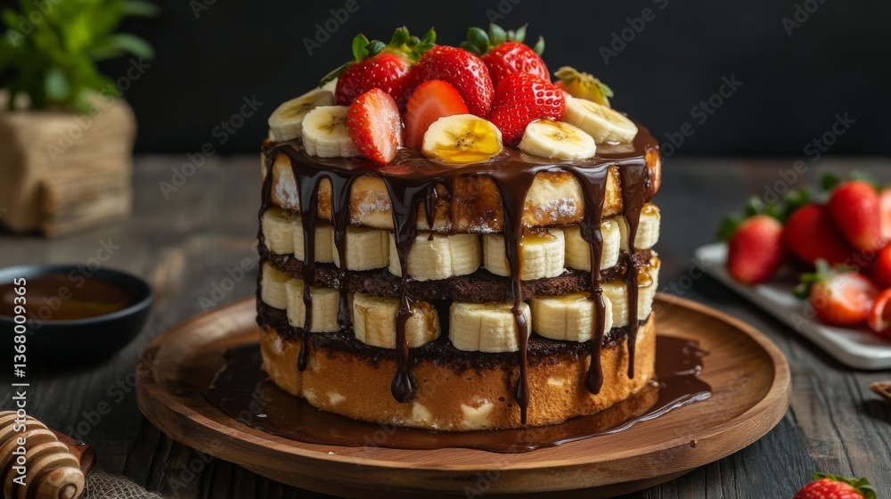 Poster an artistic shot of honey toast with a thick layer of nutella, topped with sliced strawberries and b