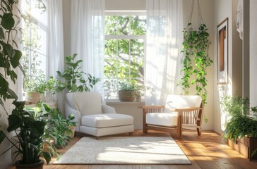 Elegant living room with wooden floors, soft white