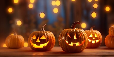 Halloween pumpkins with candles on a wooden table against a window at night, with copy space. Halloween decoration concept.