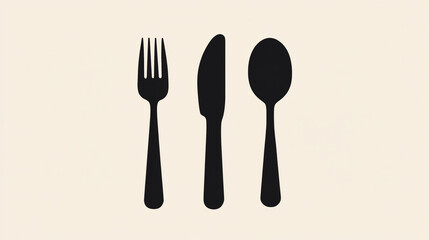 A simple illustration of a fork, knife, and spoon in black against a light beige background tone