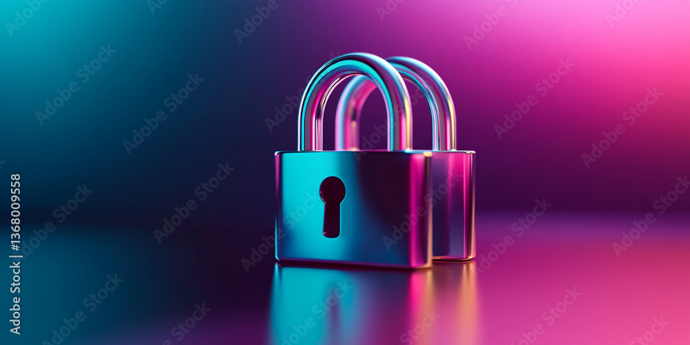 Poster metallic padlock on reflective surface, vibrant cyan and magenta gradient background. symbolizes sec