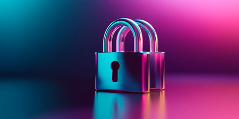 Metallic padlock on reflective surface, vibrant cyan and magenta gradient background.  Symbolizes security, data protection, privacy