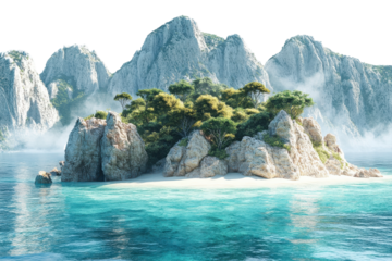 A serene island paradise nestled amongst majestic cliffs, bathed in the soft light of a tranquil morning, with crystal-clear turquoise waters.