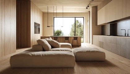 Modern Minimalist Living Room Design with Beige Sofa and Wooden Kitchen Island overlooking Scenic View