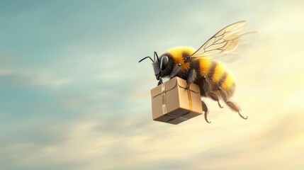 Bee delivering package in a dreamy sky digital art whimsical environment creative perspective nature concept