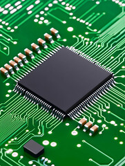 Obraz premium Close-up of a microchip on a green circuit board