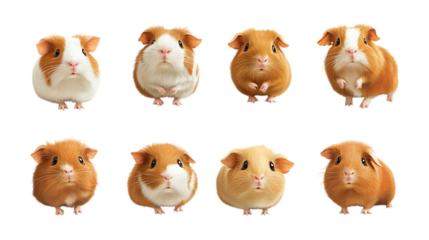Pack Cuddly Cavy set in Different Poses Against Transparent Background for Pet Illustrations, Small Animal Art, or Cute Designs