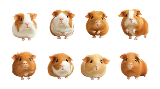 Pack Cuddly Cavy set in Different Poses Against Transparent Background for Pet Illustrations, Small Animal Art, or Cute Designs